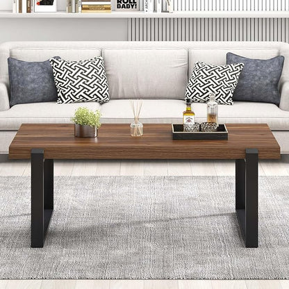 FOLUBAN Modern Coffee Table, Rustic Wood and Metal Center Table, Industrial Rectangle Cocktail Tea Table for Living Room, Walnut, 47 Inch