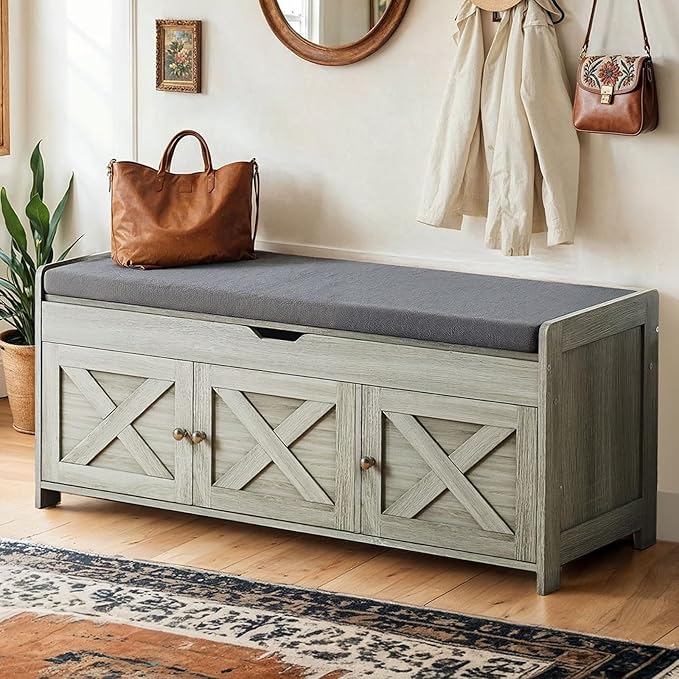 Amada Shoe Bench, 39.4” Entryway Bench with Cushioned Seat & Lift Top Storage, Adjustable Shelf, 300 lbs Capacity, 2-Tier Storage Bench with Shoe Rack for Entryway, Bedroom, Gray