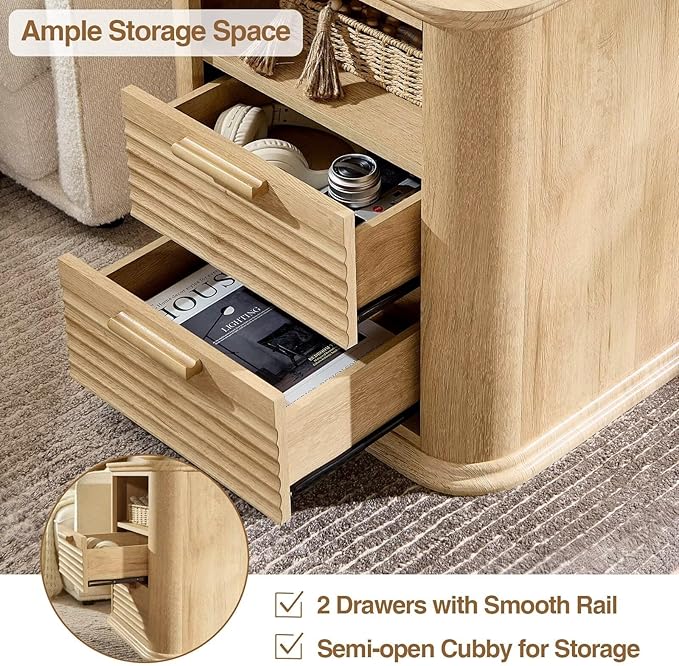 22" Fluted Night Stand with Charging Station,Modern End Table with 2 Drawers & Open Storage,Stylish Bedside Table for Living Room,Bedroom,Side Tables Curved Profile Design