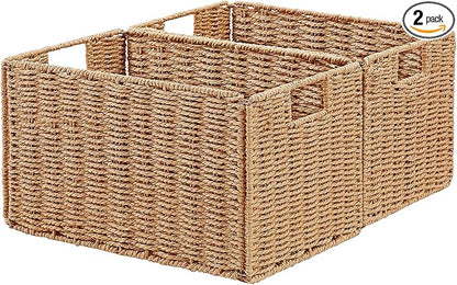 Vagusicc Wicker Storage Basket, Set of 2 Hand-Woven Paper Rope Wicker Basket, Small Storage Baskets for Organizing Toilet Paper Basket, Foldable Large Cube Storage Organizer Bins for Shelves (Natural)