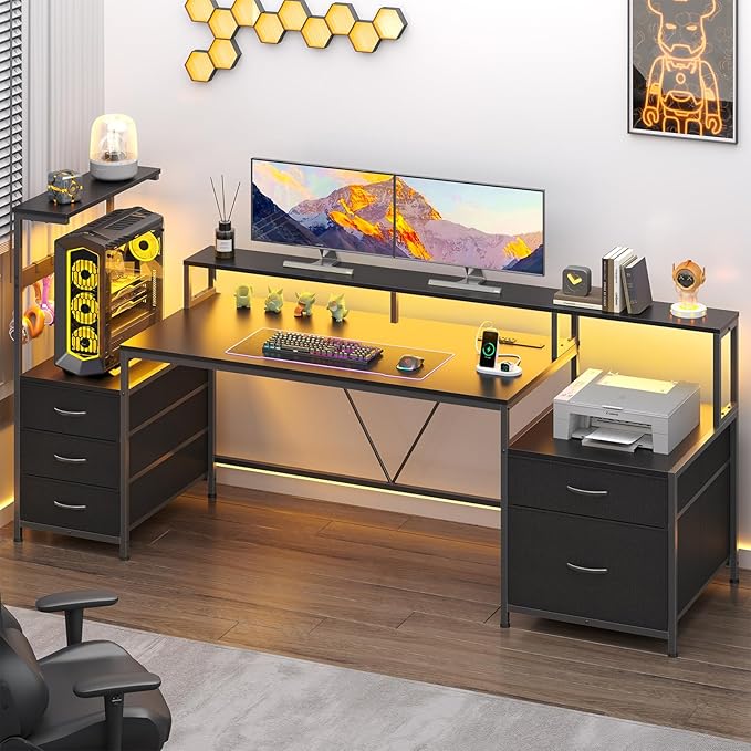 63" Gaming Desk with LED Lights & Outlets, Reversible Computer Desk with 5 Drawers & Printer Shelf, Gamer Desk Table with Storage Shelves & Monitor Stand, Black