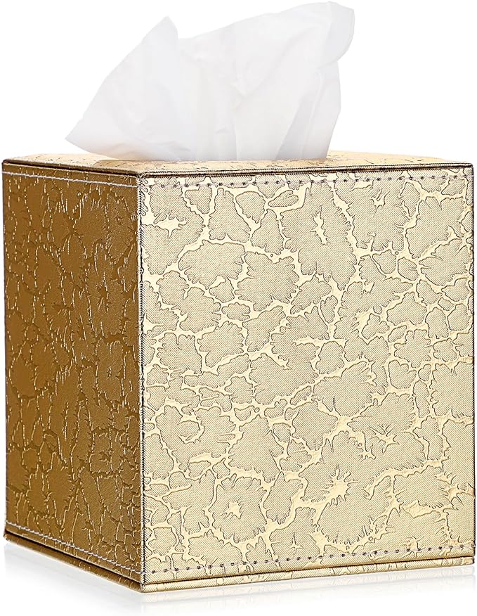 Sumnacon Square Leather Tissue Box Cover - Stylish Cube Tissue Box Holder with Magnetic Bottom, Decorative PU Tissue Box for Vanity Dresser Night Stand Table Countertop Home Office Car, Gold