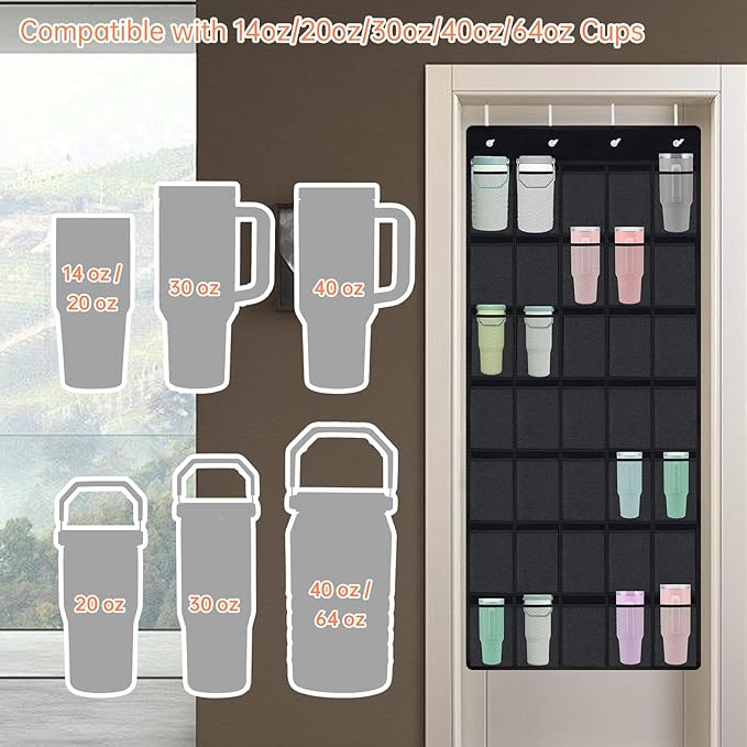 NiHome Multi-Functional 35 Pockets Door Hanging Organizer Fit for Stanley Tumbler in Kitchen, Pantry, Bedroom, Bathroom, Large Capacity Elastic Mesh Secure Storage Cup Holder, Foldable for Home and RV