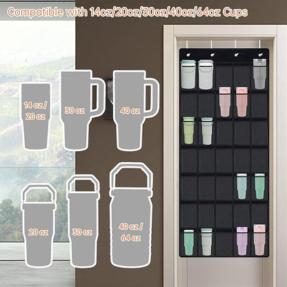 NiHome Multi-Functional 35 Pockets Door Hanging Organizer Fit for Stanley Tumbler in Kitchen, Pantry, Bedroom, Bathroom, Large Capacity Elastic Mesh Secure Storage Cup Holder, Foldable for Home and RV