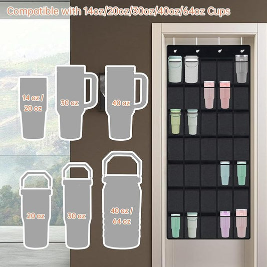 NiHome Multi-Functional 35 Pockets Door Hanging Organizer Fit for Stanley Tumbler in Kitchen, Pantry, Bedroom, Bathroom, Large Capacity Elastic Mesh Secure Storage Cup Holder, Foldable for Home and RV