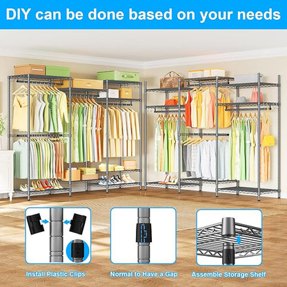 Ulif E13 Heavy Duty Clothes Rack（With 4 Hanger Rods & 8 Shelves） Freestanding Clothing Racks for Hanging Clothes，Adjustable Closet Organizer，Metal Garment Rack 63" W x16 D x77 H，Max Load 900LBS，Grey