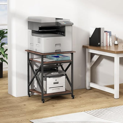 Fannova 23.6 x 23.6 Inches Large Printer Stand, 3 Tier Square Printer Table with Height Adjustable Storage Shelf, Rolling Printer Cart with Industrial Wheels for Home Office - Rustic Brown