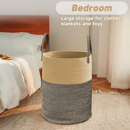 JMvicyroam Large Woven Laundry Basket Hamper,60L Cotton Rope Storage Bin for Blankets,Toys and Clothes,Decorative Tall Nursery Hamper for Living Room,Baby Nursery,Bathroom and Bedroom,Brown and Black