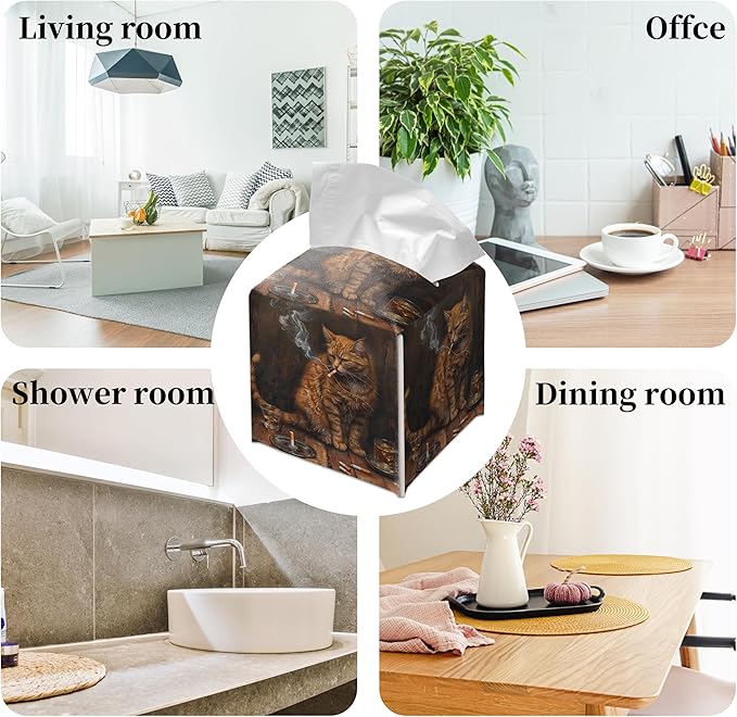 Grace Yonks Cute Cat Tissue Box Cover Square, Smoking Cat Cube Case for Facial Tissues, 5.2" PU Leather(067)
