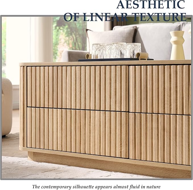 JXQTLINGMU Large Coffee Table with Storage, 51" Modern Fluted Coffee Table with 4 Drawers, Rectangle Wood Center Table for Living Room (Natural Oak)