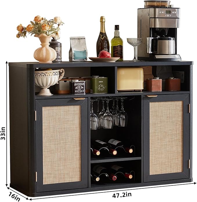 Lerliuo Rattan Wine Cabinet with 2 Doors, Boho Liquor Cabinet with Wine Racks, Farmhouse Coffee Bar Station for Living Room, Dining Room, Kitchen, Black