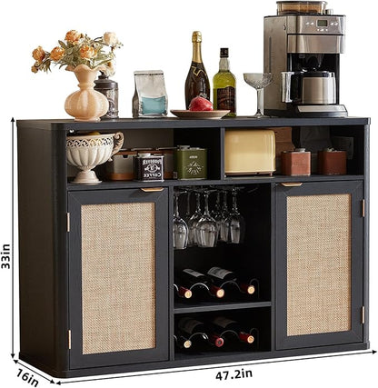 Lerliuo Rattan Wine Cabinet with 2 Doors, Boho Liquor Cabinet with Wine Racks, Farmhouse Coffee Bar Station for Living Room, Dining Room, Kitchen, Black