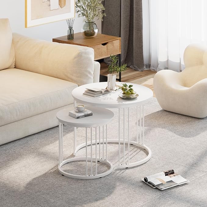 Garden 4 you Nesting Coffee Table, 23.6" Round Coffee Table Set of 2, Wooden Nesting Table with Metal Frame, Ceter Tables for Living Room Bedroom Balcony, White