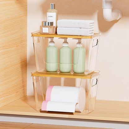 Delamu Acrylic Trash Bag Holder, 2 Pack Stackable Garbage Holder for 4-33 Gallon Bags, Clear Organizer Bins for Under Sink Organization, Pantry Storage, Cabinet, Kitchen, Laundry, Bathroom