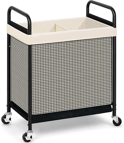 STORAGE MANIAC Rolling Laundry Hamper with Wheels 2-Section Laundry Sorter Rolling Laundrys Basket on Wheels with Removable Bag Clothes Hamper Laundrys Organizer Cart Bathroom Bedroom 100L Beige