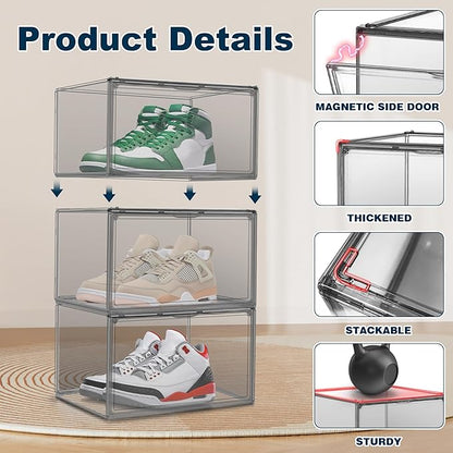 4 Pack Pure Organizer for Closet, Acrylic Shoe Box Size 14, Clear Display Case Handbag Organizer Shoe Box with Lid