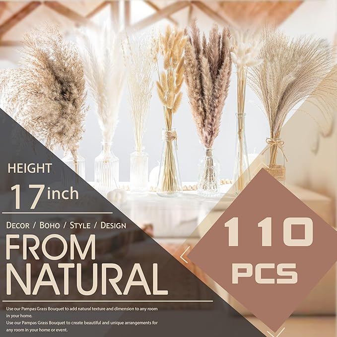 130PCS Natural Dried Pampas Grass Boho Home Decor Bouquet Phragmites Dried Flowers Bouquet for Wedding Floral Arrangements Home Decorations (130PCS)