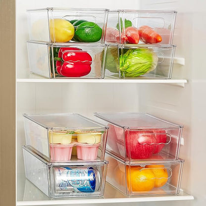 Vtopmart 10pcs Clear Organizers and Storage Bins with Lids, Stackable Plastic Storage Containers with Handles for Fridge, Freezer, Pantry, Cabinet, Kitchen Organization