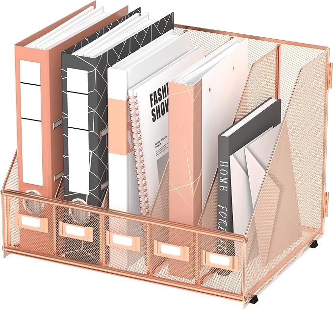 DALTACK Desk Organizers Metal Magazine File Holder with 5 Vertical Compartments Folder Storage Binder Organizer for Office Home School Organization, Rose Gold, Plus