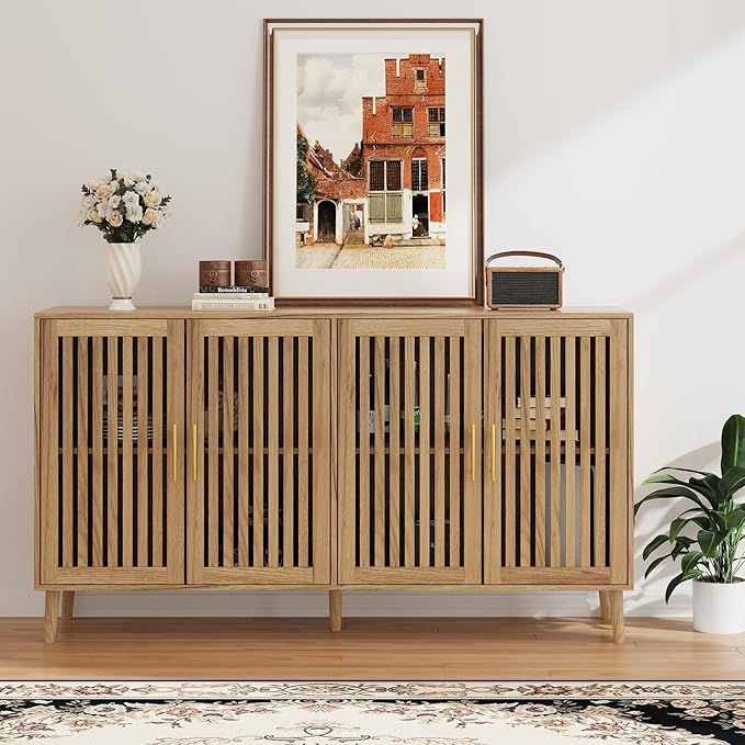 Buffet Cabinet with Storage,Sideboard with Grille Doors&Adjustable Shelf, Wood Coffee Bar Storage Cabinet for Kitchen Living Room Entryway (Natural Wood, 63 Inch)