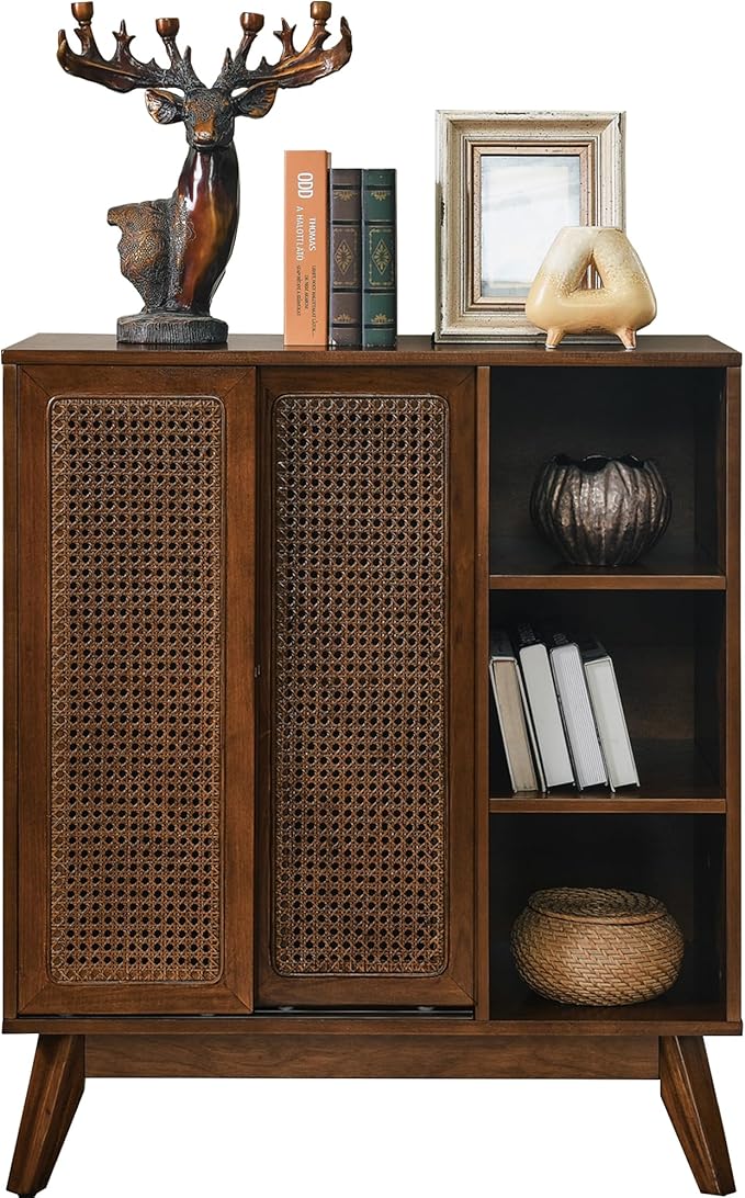 LKTART Mid Century Modern Storage Cabinet with Rattan Sliding Doors and Open Shelves, Boho Style Wooden Sideboard Buffet for Living Room,Dark Walnut