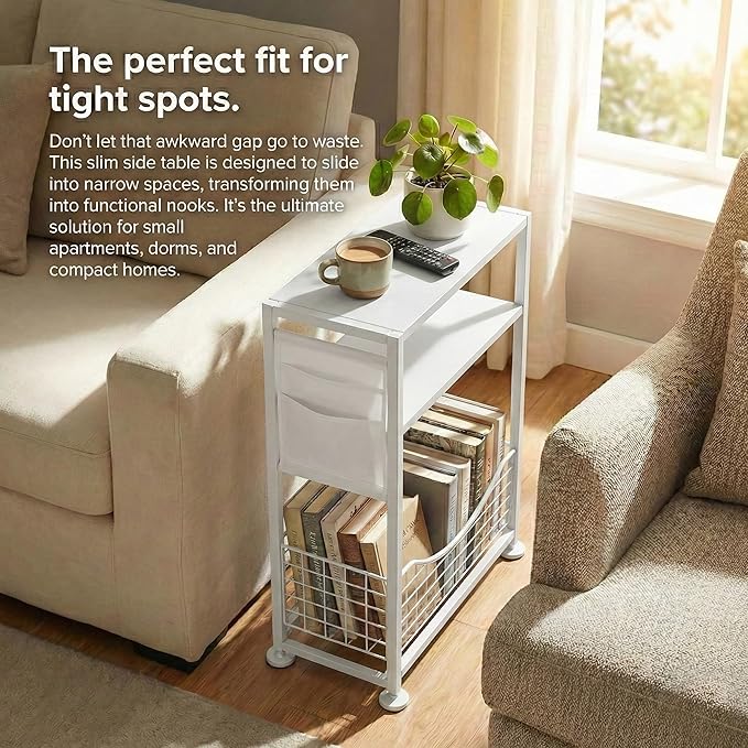 Skinny Side Table with Storage, 3 Tier Slim Side Tables for Small Spaces, Skinny End Table Narrow Bedside Table Narrow Side Table for Living Room, Bedroom