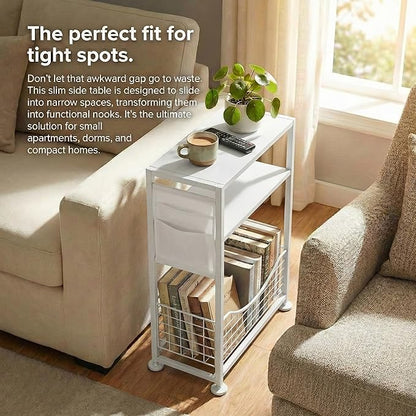 Skinny Side Table with Storage, 3 Tier Slim Side Tables for Small Spaces, Skinny End Table Narrow Bedside Table Narrow Side Table for Living Room, Bedroom