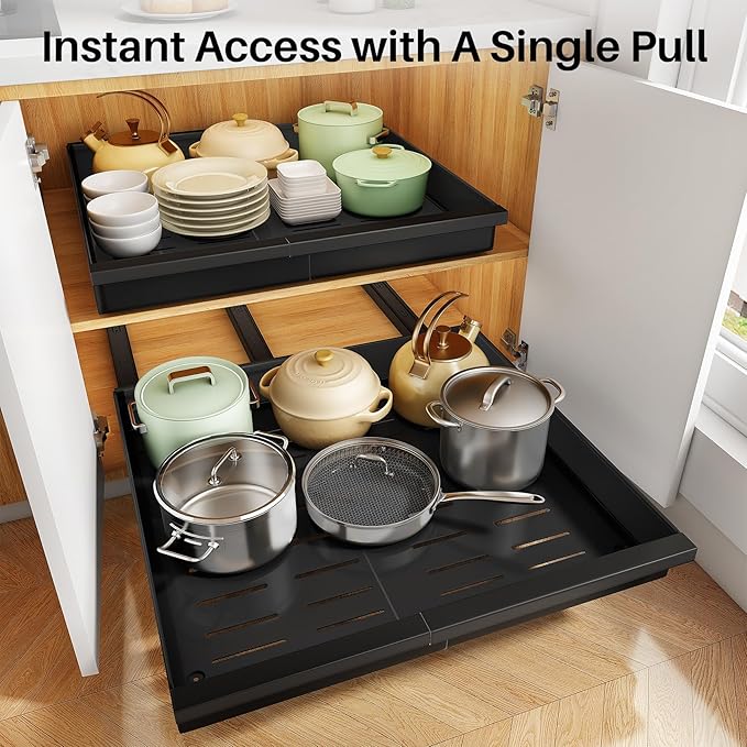 Pull out Cabinet Organizer, 4-Pack Expandable(13.6"-24") Silde out Drawers with Raising Pad for Framed Cabinets, Adjustable Full-Extension Roll out Shelves for Kitchen Pantry Home Pot and Pan(Black)