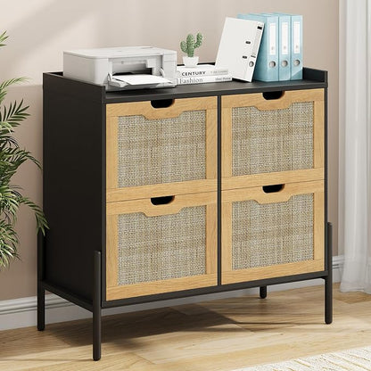 4 Drawer File Cabinet, Rattan Lateral Filing Cabinet Fits Files Letter or A4 Size, Wooden Printer Stand for Home Office, Oak and Black