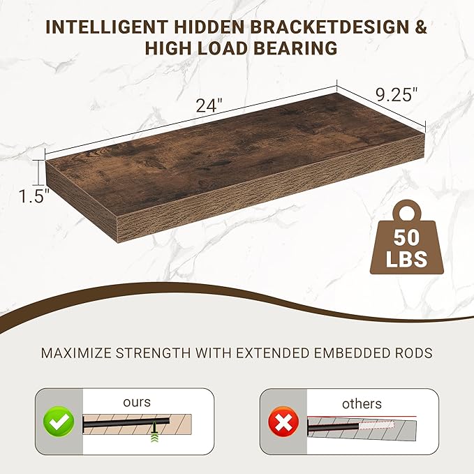 Acovy 24 Inch Floating Shelves, 24"x9.25"x1.5" Inch Deep Floating Shelves for Wall, Wooden Shelves for Bathroom, Bedroom, Living Room, Brown, 2 Pieces