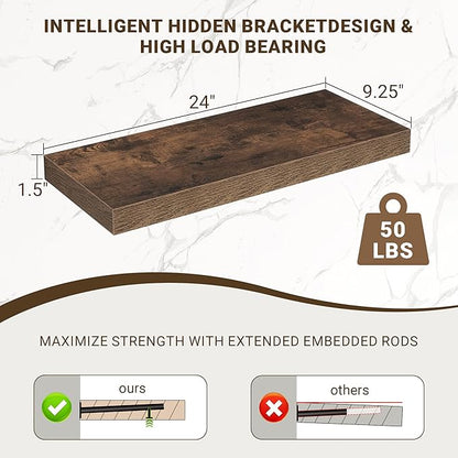 Acovy 24 Inch Floating Shelves, 24"x9.25"x1.5" Inch Deep Floating Shelves for Wall, Wooden Shelves for Bathroom, Bedroom, Living Room, Brown, 2 Pieces