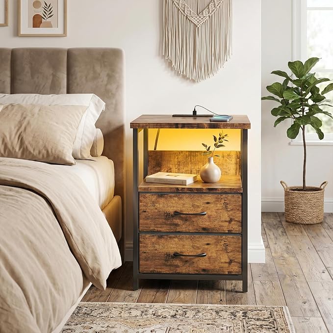 Fixwal Night Stand with Charging Station, LED Nightstand with U-S-B Ports and Outlets, 2 Fabric Storage Drawers with PU Finish, Bedside Table, Rustic Brown
