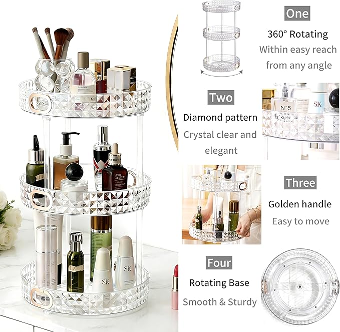 360 Rotating Makeup Organizer for Vanity, 3 Tier Diamond Pattern Perfume Organizer for Women, Large Capacity Skincare Lotion Cosmetic Organizer, Bathroom Countertop Makeup Holder, Clear