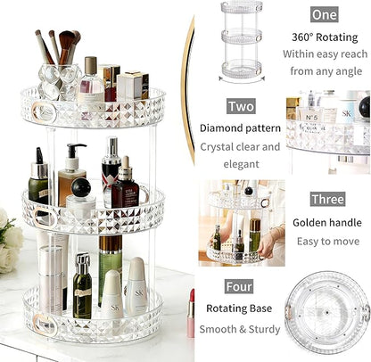 360 Rotating Makeup Organizer for Vanity, 3 Tier Diamond Pattern Perfume Organizer for Women, Large Capacity Skincare Lotion Cosmetic Organizer, Bathroom Countertop Makeup Holder, Clear