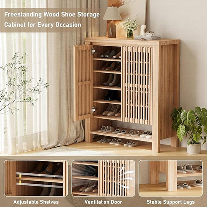 43" Tall Shoe Storage Cabinet with Doors, 8-Tier Entryway Shoe Cabinet with Adjustable Shelves, Contemporary Freestanding Shoe Rack Organization for Entryway Hallway Front Door