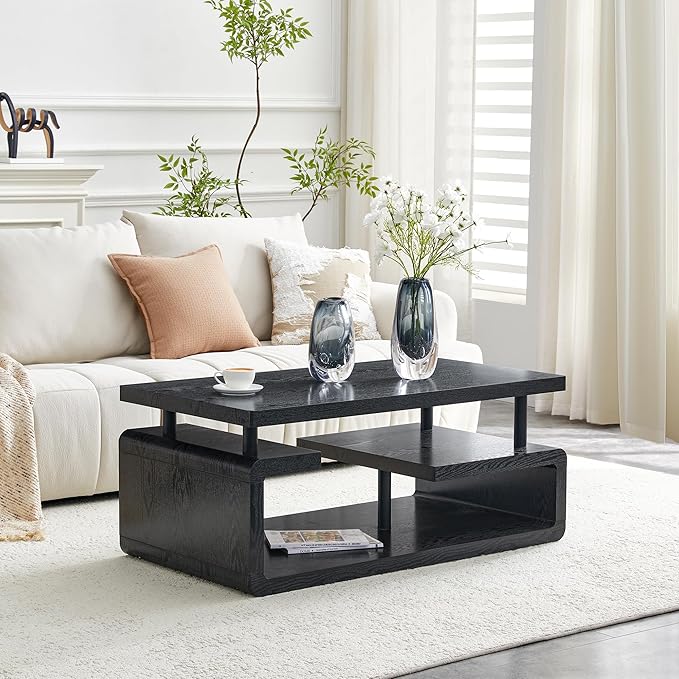 43.5" Coffee Table, 3-Tier Modern Center Table with Storage, Large Wood Coffee Table for Living Room, Office, Apartment (Black)
