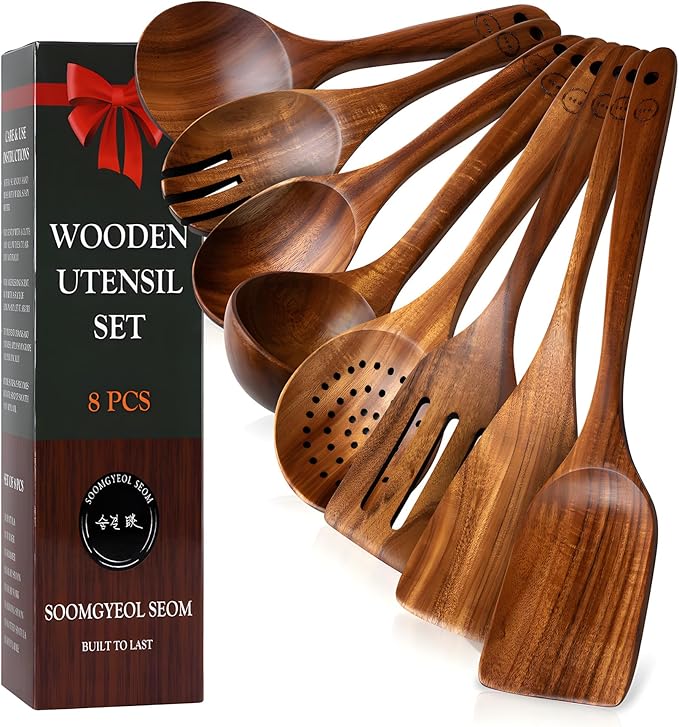 SOOMGYEOL SEOM 8-Piece Teak Wood Cooking Utensil Set | Wooden Spoons and Spatulas, Nonstick Safe, Heat Resistant, Kitchen Tools