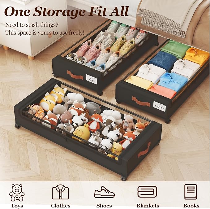 Yecaye 70 L Under Bed Storage with Wheels, 3 Pack Larger Capacity Under Bed Storage Containers, Underbed Shoe Storage Organizer, Rolling Under Bed Metal Drawers for Clothes, Blankets, Black