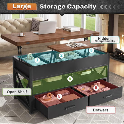 Itaar 40" Lift Top Coffee Table, 4 in 1 White Coffee Tables with Storage for Living Room, Small Coffee Table with 2 Drawers & LED Light for Dining Room, Black+Brown