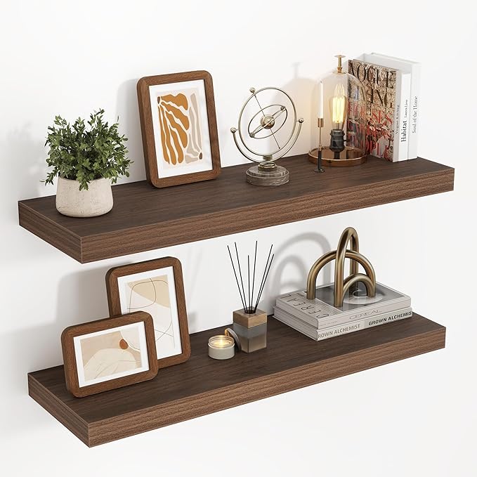 Acovy 32 Inch Floating Shelves, 3D Textured Wood Grain, 32"x9.25"x1.5" Inch Deep Floating Shelves for Wall, Wooden Shelves for Bathroom, Bedroom, Living Room, Walnut, 2 Pieces