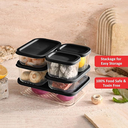 EATEX 12 Pack Glass Meal Prep Containers with Grooved Base, 12 Stackable BPA Free Glass Storage Containers with Lids for Lunch, Pantry, and Kitchen - Microwave, Dishwasher Freezer & Oven Safe - Black