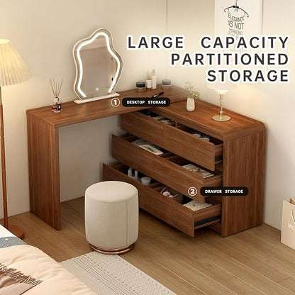 Makeup Vanity Desk with Mirror and Lights, 50-90inch Extendable Mid Century Walnut Makeup Dresser Combo with 47 Inch 6 Drawer Dresser, L Shaped Vanity Desk and Stool, Brown