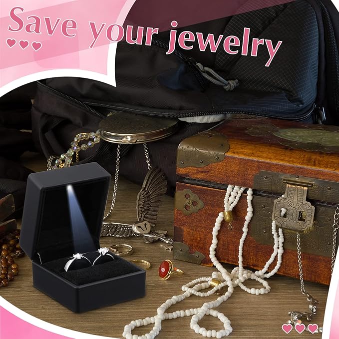Yinkin 12 Pcs Black Velvet Jewelry Boxes LED Light Display Ring Necklace Bracelet Chain Gift Box Bulk Wedding Proposal Anniversary(Ring Box,Square)