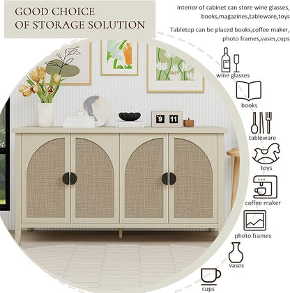 Sideboard Buffet Cabinet, 4-Door Rattan Storage Cabinet, Coffee Bar with Adjustable Shelf, Accent Furniture for Living Room, Dining Room, Home Office, Natural