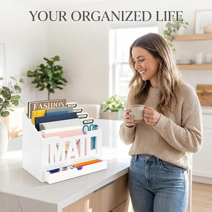 Mail Organizer Countertop – White Holder for Desk with 4 Slots, Drawer & Label Tags, Decorative Desktop Sorter, Envelope Tray for Home Office Organization (11x7x9.5 in)
