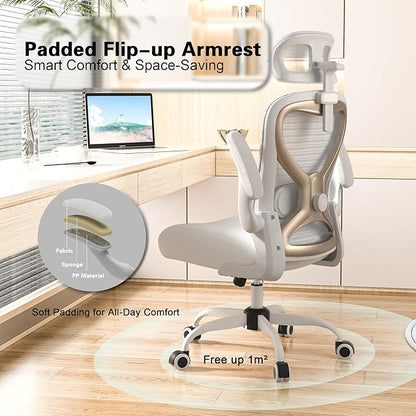 Ergonomic Office Chair for Back & Neck Pain Relief, Virgin Foam Seat, 2D Adjustable Lumbar & 3D Headrest, Tilt & Rock for Relaxation, Ideal for Long Sitting Comfort, White/Gold