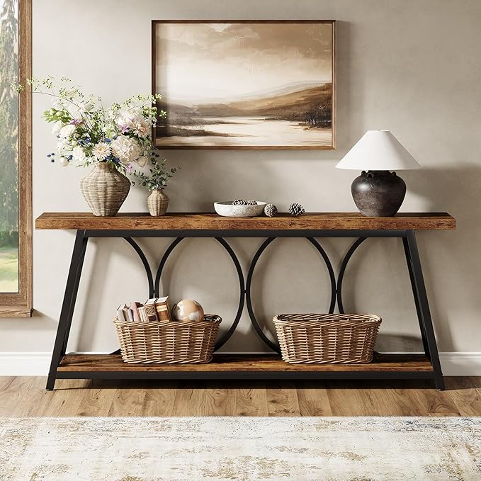Tribesigns 71-Inch Long Entryway Console Table, 2 Tiers Industrial Narrow Sofa Table Behind The Couch with Storage Shelf and Metal Frame for Living Room, Entrance, Hallway, Brown & Black