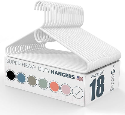 Neaties Super Heavy Duty Clothes Hangers 18 Pack – Made in The USA - 10lb Capacity, Thick Plastic Hangers for Pants, Coats, Jackets, Jeans and Adult Clothing – White