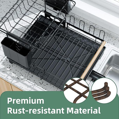 2 Tier Dish Drying Rack, Drying Rack with Automatic Drainboard, Dish Racks for Kitchen Counter, Rustproof Dish Drainer with Removable Utensil Holder, Cups Holder, Black