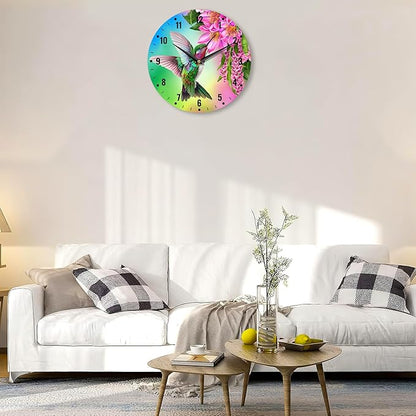 SPUNKER Clocks for Living Room,Hummingbird Wall Clock Battery Operated 10 Inch,Tropical Bird Red Flowers Round Clock Silent Non-Ticking Wall Decor for Farmhouse Office Home School Living Room Bedroom